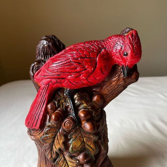 Vintage 70s Chalkware Statue Red Cardinal Perched in Tree Branch Hand Painted - Picture 2 of 12